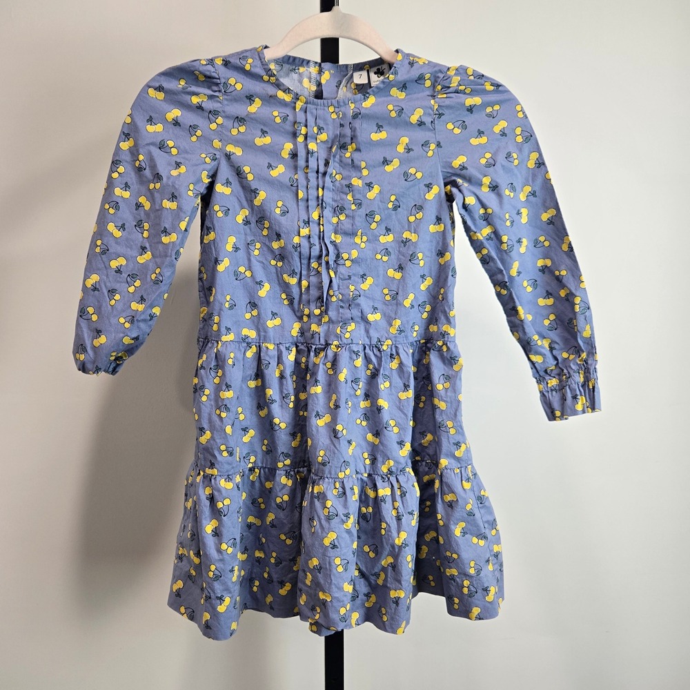 Busy Bees Girls Blue Yellow Cherry Print Tiered Cotton Dress Size 7 Long Sleeve